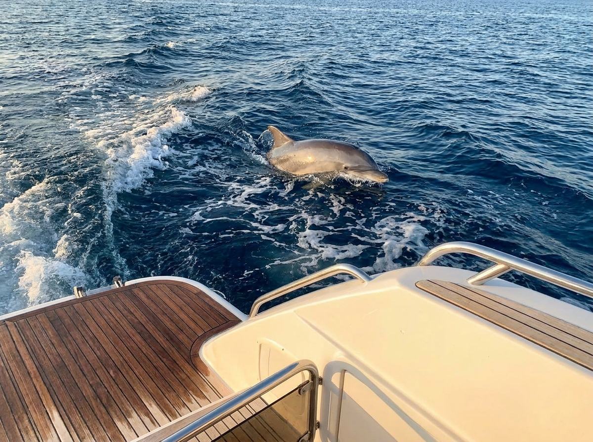 A dolphin breaking the ocean surface beside a yacht