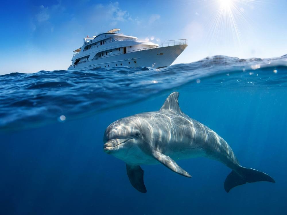 A dolphin swimming near a yacht in the ocean