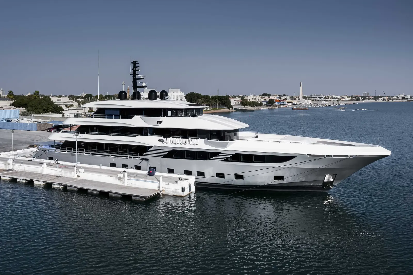 Large motor yacht at sunset